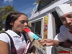 Brunette petite 18+ student teen 18+ with small 18+ tits has car sex for facial