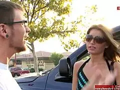Skinny brunette slut with small tits gets picked up by nerd for naughty street fun