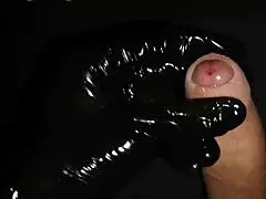 Gently masturbate horny dick with lube flowing from head