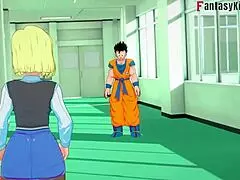 Dragon Ball Z Videl watches Gohan and A18 banging hard