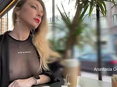 Bold tit flashing in cafe