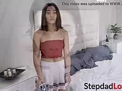 Naughty schoolgirl sneaks a taste of stepdad's cock and cum