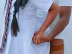 This teen couple has hot sex at a party, wearing uniforms and popping balloons.