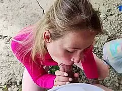 behind the shop, watch me suck this monster cock deep and sloppy in public