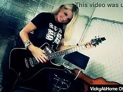 hot groupie vicky vette gives blowjob to big cock, gaping pussy lips until cum on big tits.