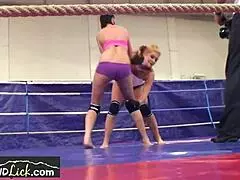 lesbian euro chicks wrestle in a boxing ring, makin some errors