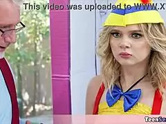 Pops scored this blonde sexbot in a vegas restaurant uniform, now he's banging her tight teen robo pussy like crazy.