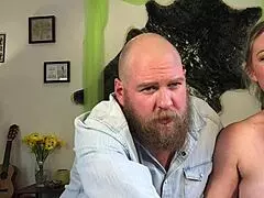 Hippie couple kissing and fingering tight shaved pussy and ass in doggystyle.