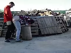 Fucking on a log outdoors.