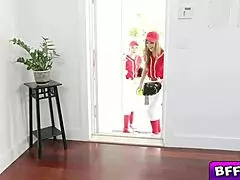 Intriguing scene where gals take turns sucking their coach's huge prick