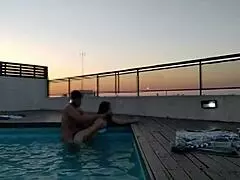 Cute Sexy Barefoot Babe Cums Intensely In Pool At Sunset