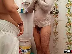 Ladka gets warmed by chubby stepmom in rainy bath