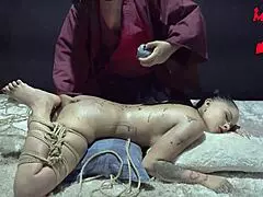 shibari says she likes to be tied up when they fill her mouth with milk from big cock