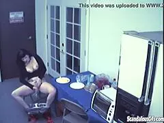 Busty slut indulges in food fetish solo play with toys. Spying adds extra thrill.