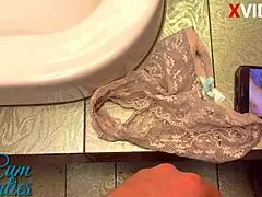 Secretly stole girlfriend's panties to jerk off and cum inside them