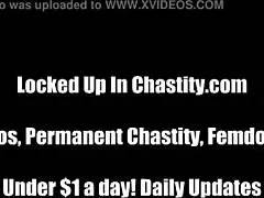 Femdom bitch locks him in chastity with teasing toys