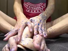 Young Girl Plays With Glitters, Giving Footjob To Big Dildo In Fetish Close-Up