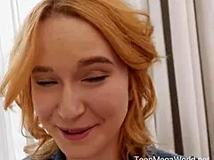 Naked cutie Sweetie Plum bends over in doggystyle, rides cowgirl, and masturbates shaved pussy