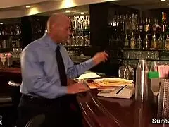 Hottie long haired gay giving blowjob to bald guy at work