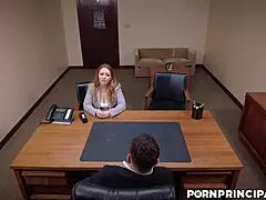 pervy principal peter green slams kira fox's mouth and pussy over office table