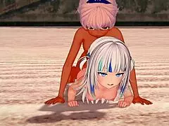 gawr gura gets interracial blowjob on the beach