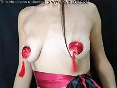 Young Girl Playing with Natural Tits and Nipple Stickers, So Hot to Watch