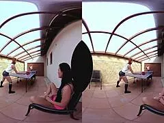 Three amazing table tennis players compete intensely