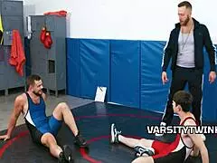 Wrestling Bareback Threesome In Classroom With Gay Student, Teacher, And Group Blowjob.