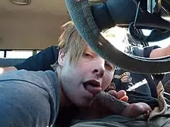 He's getting some casual road head with a black cock blowjob while wearing socks