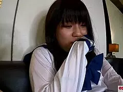 Cute 18yo in sailor uniform squirts hard from fingering and blowjob, then gets creampied in missionary 😍