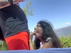Sucked stranger in mountains got golden shower