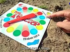 Epic twister strip game in forest turns into double blowjob challenge! 🌳