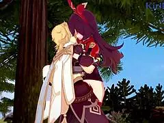 amber and fischl have intense sex with aether in genshin hentai