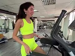 Risky public gym quickie with teen swallowing cum in cowgirl position