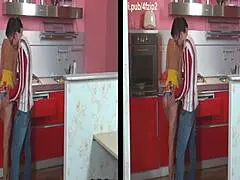 3D husband engages in oral sex with brunette in the kitchen.