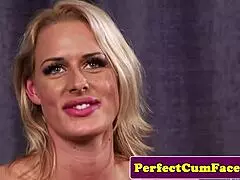 Bigtitted jizz babe tugs out facial cumshot!