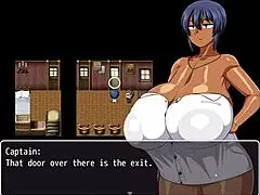 In the hentai game, tanned girl Natsuki flashes huge tits to help the captain jerk off.