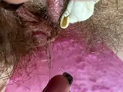 Extreme Closeup of Wet Hairy Pussy Rubbing Big Clit to Orgasm
