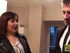 chubby sub skank kneels to blow cock and take hard pounding