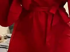 Petite brunette teen in red lingerie masturbates her big tits and ass in amateur reality video.