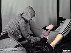 I gave a sexual handjob to my gay partner, leading to orgasm and cumshot in our kinky homemade session.