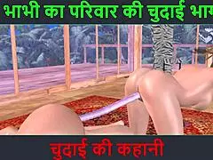 Hindi audio sex story features animated 3D sex video of two cute lesbian girls having fun with a double-sided dildo and strapon dick.