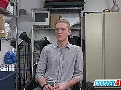 Blonde gay guy feels intense pleasure sucking director's big cock at work