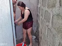 filipina caught bathing outside gets screwed hard by surprise
