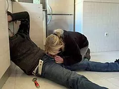 hot wife sucks plumber in kitchen with cum finish