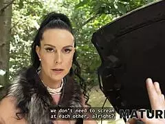 Mature Texas Patti dominates on car top while husband watches.