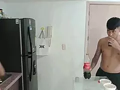 i give a great blowjob to this skinny latina with shaved pussy in the kitchen