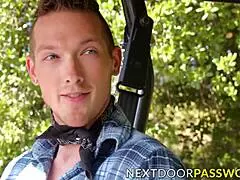 Hunky gay blows friend outdoors then rides raw cock hard.