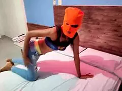 My brunette stepsister wants to celebrate Halloween in a hotel bed with a mask.