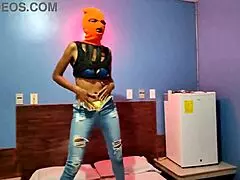 My brunette stepsister wants to celebrate Halloween in a hotel bed with a mask.